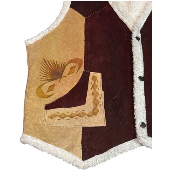 Vintage Pyrographed leather Suede Rooster Western Sherpa lined Vest size XL - Picture 7 of 16